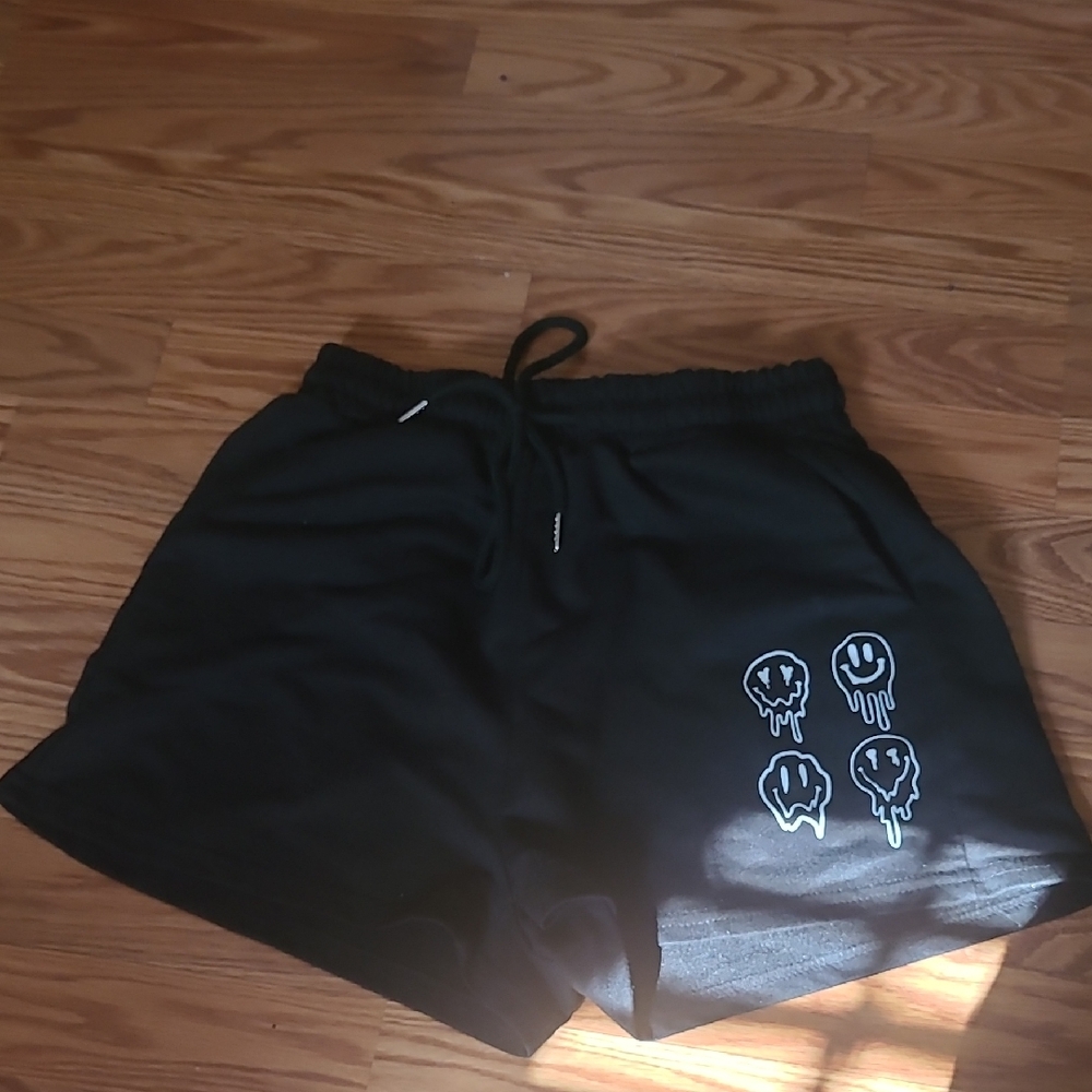 Black Graphic Shorts with Smiley Faces